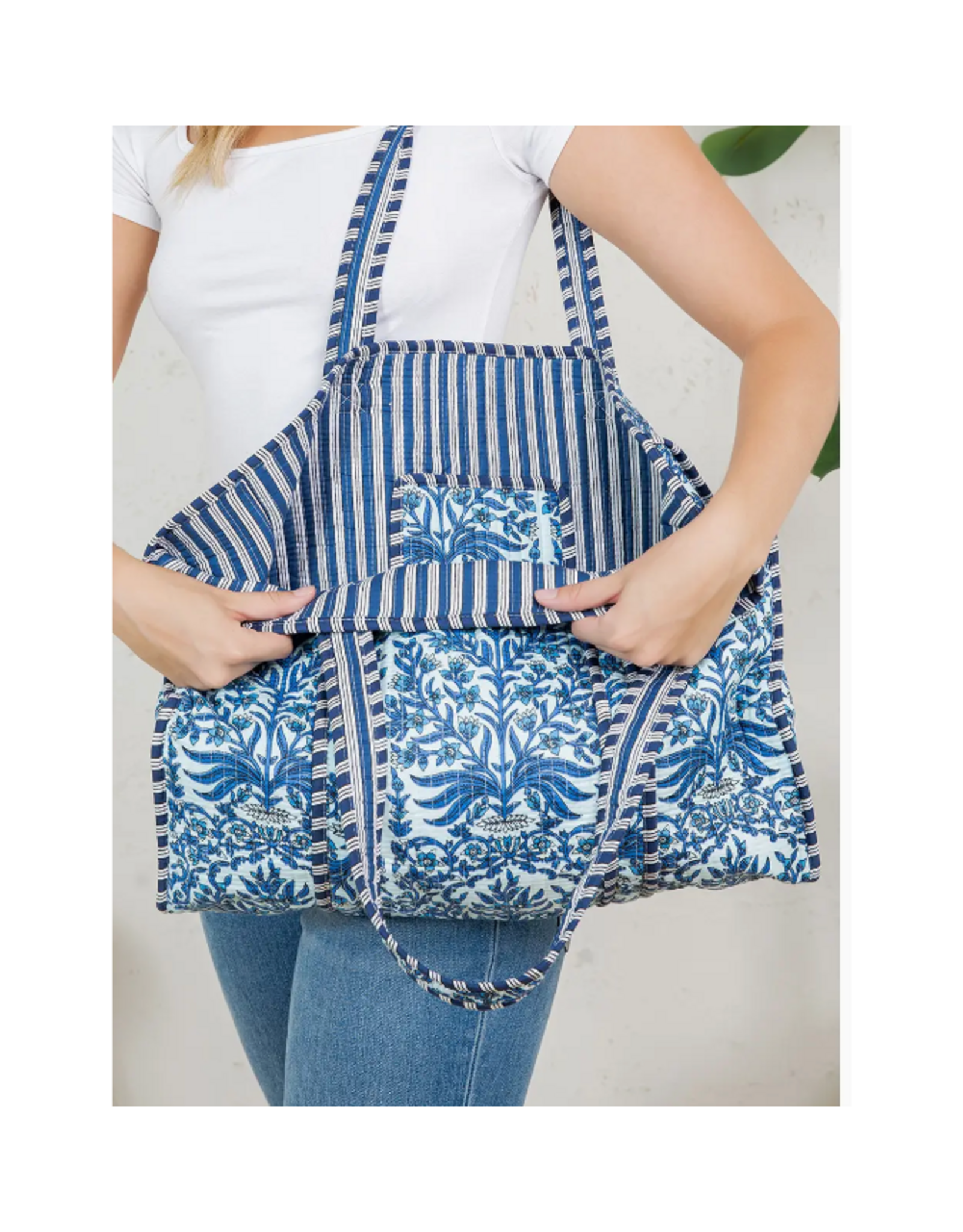 Reversible Quilted Tote Bag Floral & Stripes - Blue