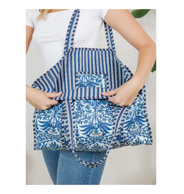 Reversible Quilted Tote Bag Floral & Stripes - Blue