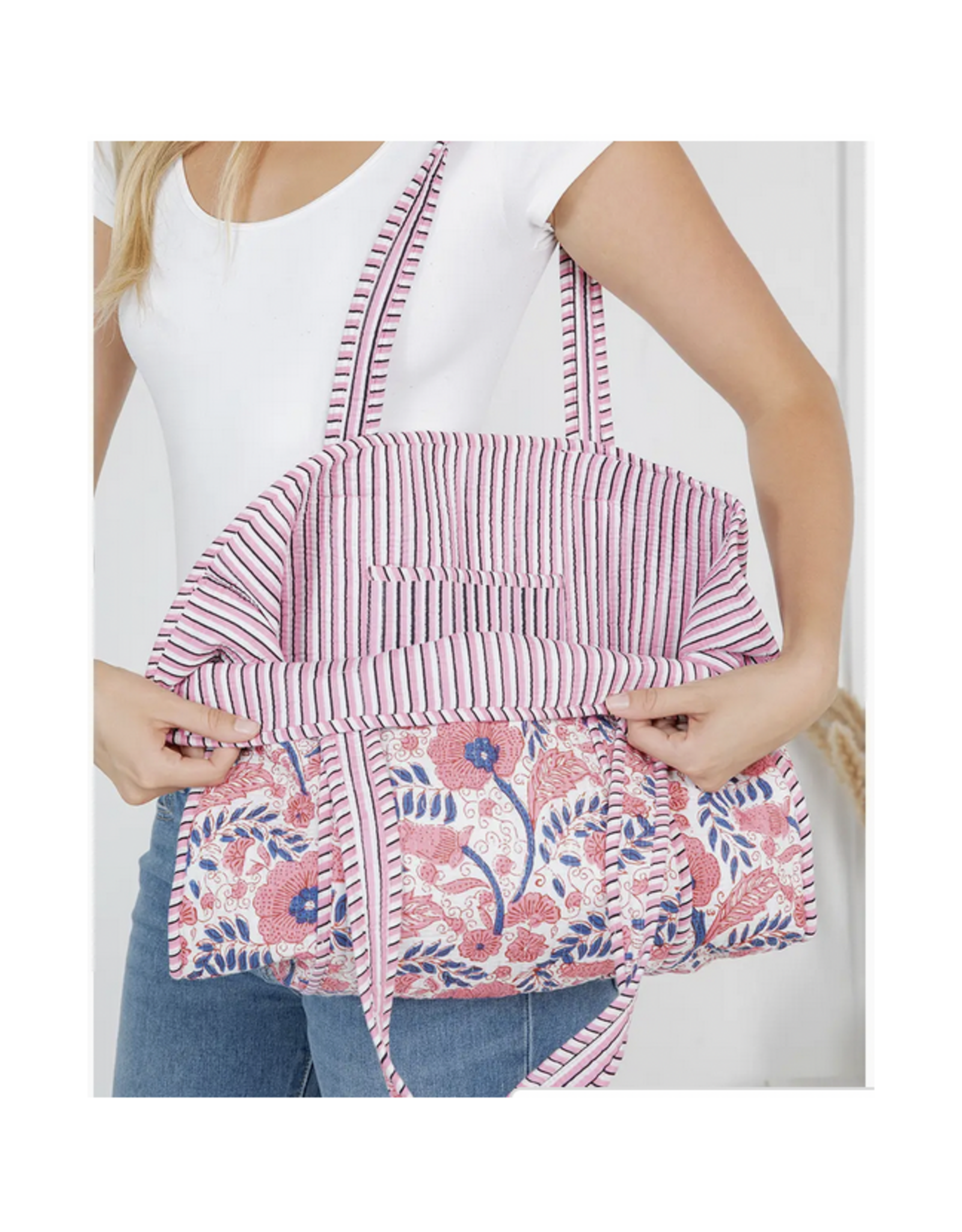 Reversible Quilted Tote Bag Floral & Stripes - Pink & Blue