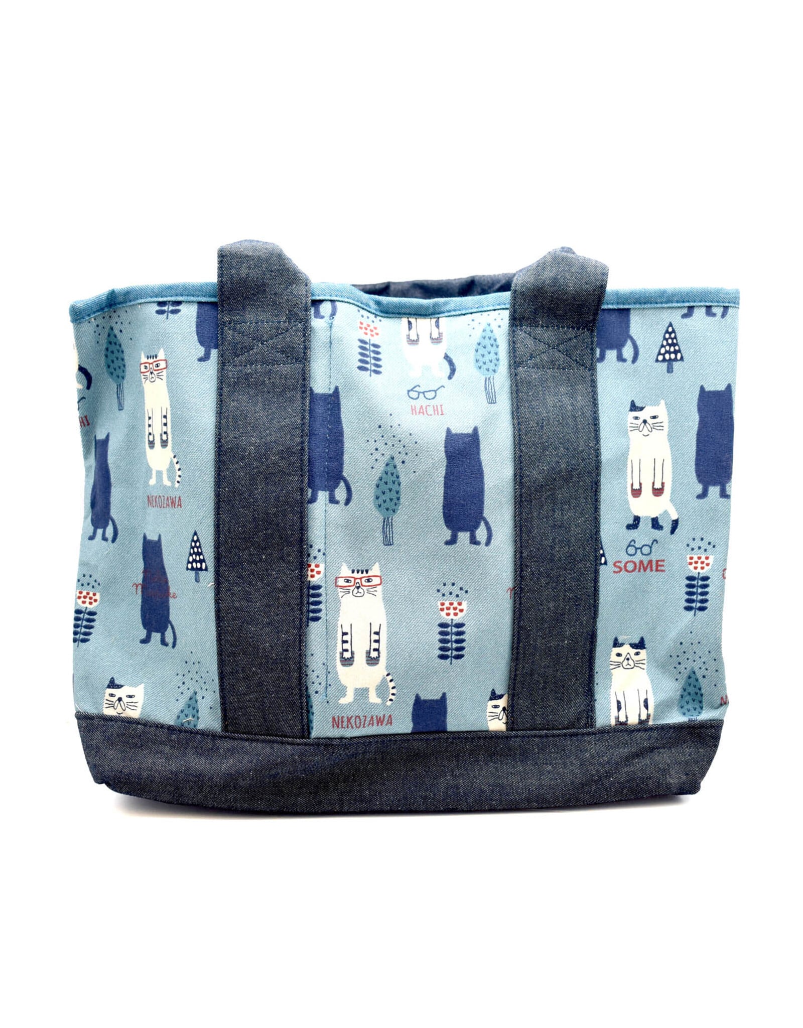 Great Zakka Kusuguru Glasses Cat Embroidered Multi-Compartment Tote Bag - Blue