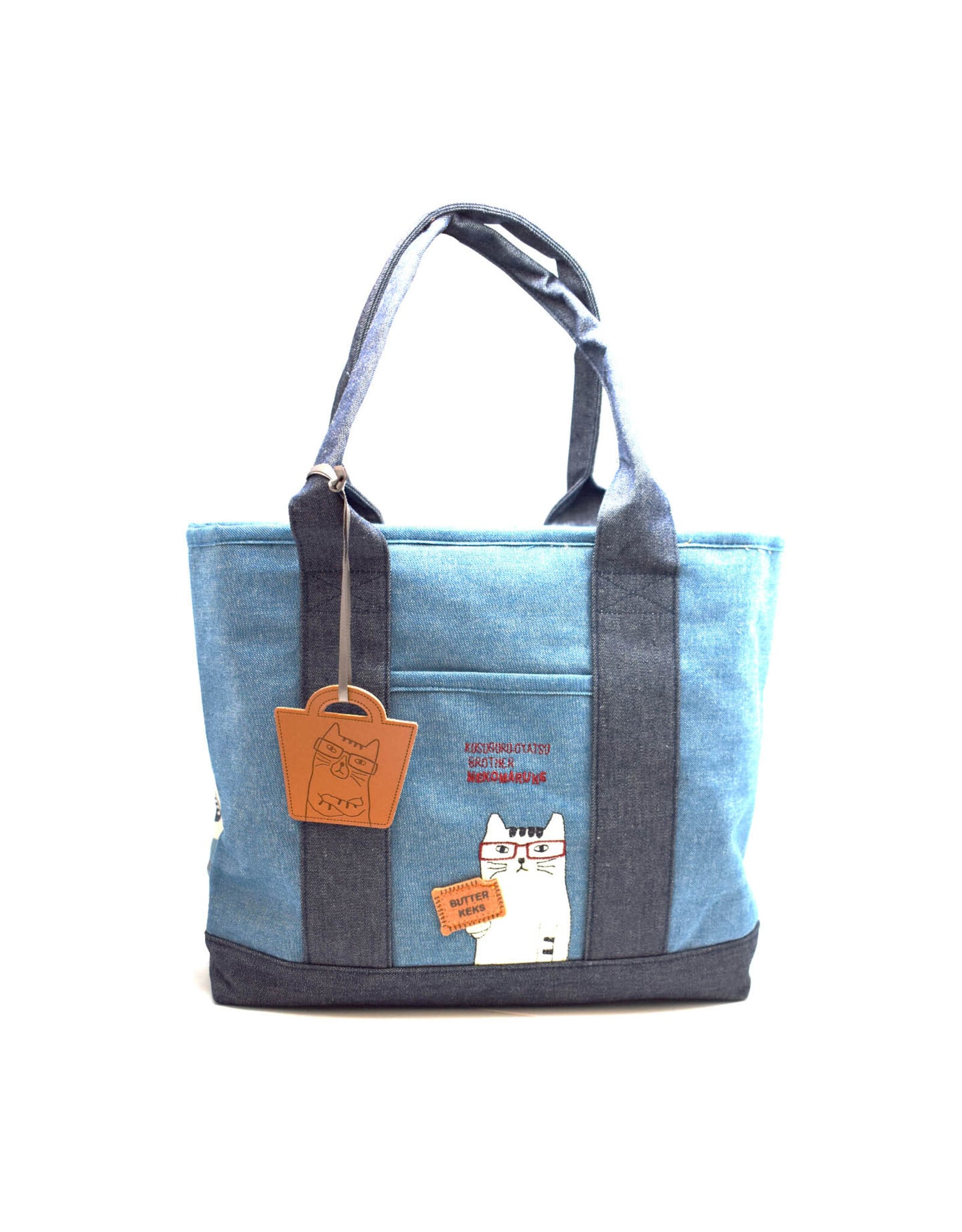 Great Zakka Kusuguru Glasses Cat Embroidered Multi-Compartment Tote Bag - Blue