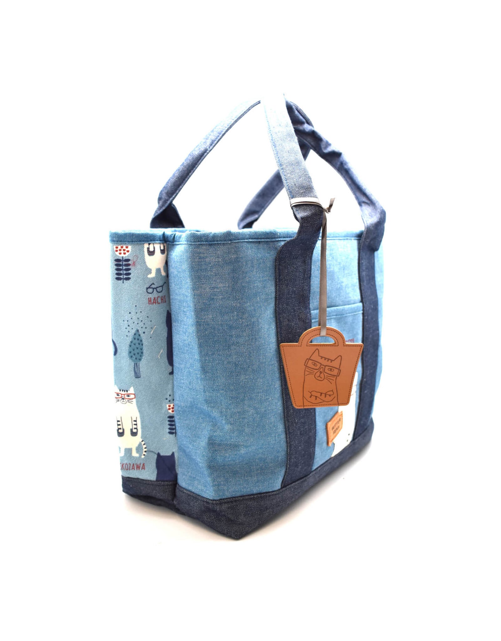 Great Zakka Kusuguru Glasses Cat Embroidered Multi-Compartment Tote Bag - Blue