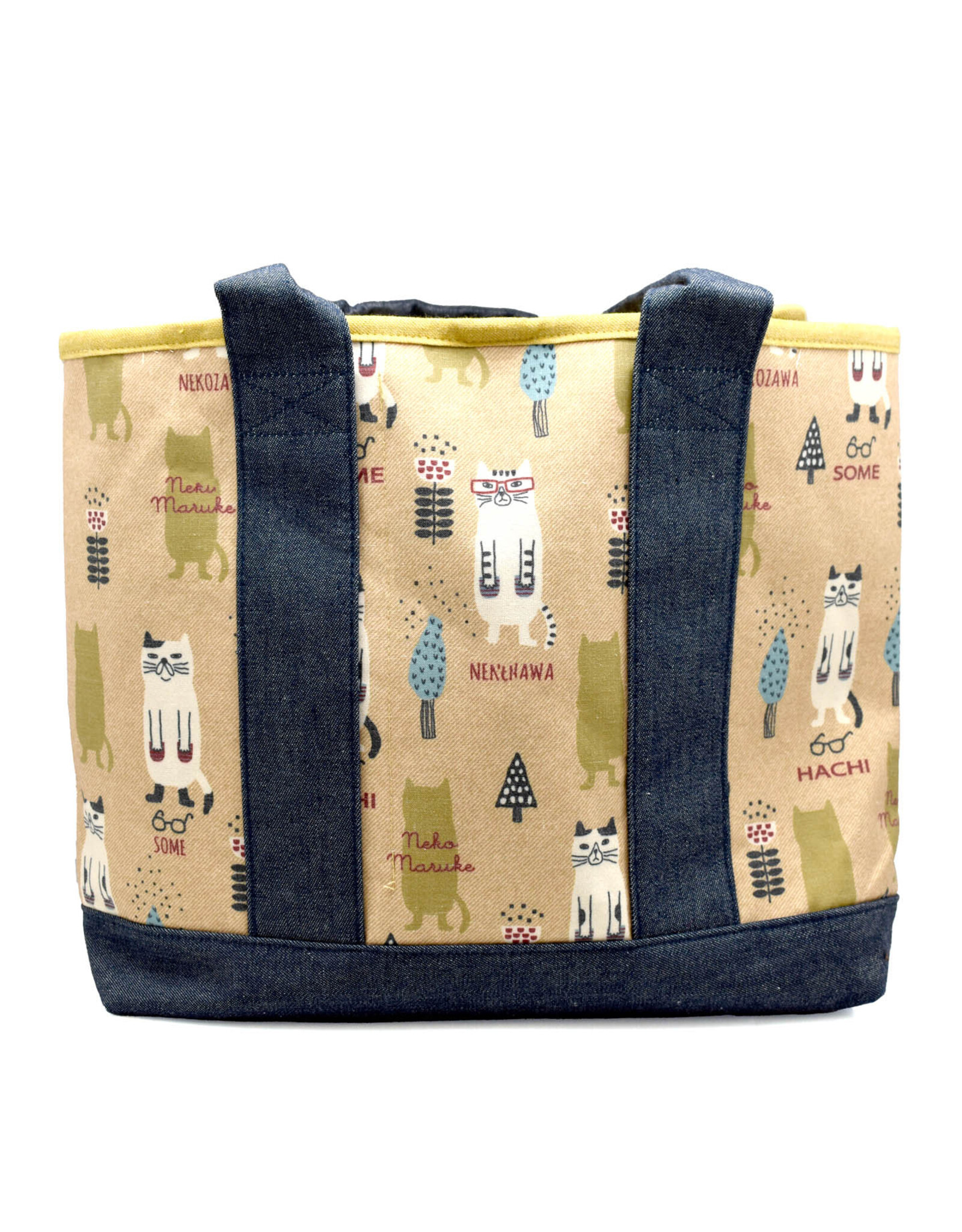 Great Zakka Kusuguru Glasses Cat Embroidered Multi-Compartment Tote Bag - Yellow