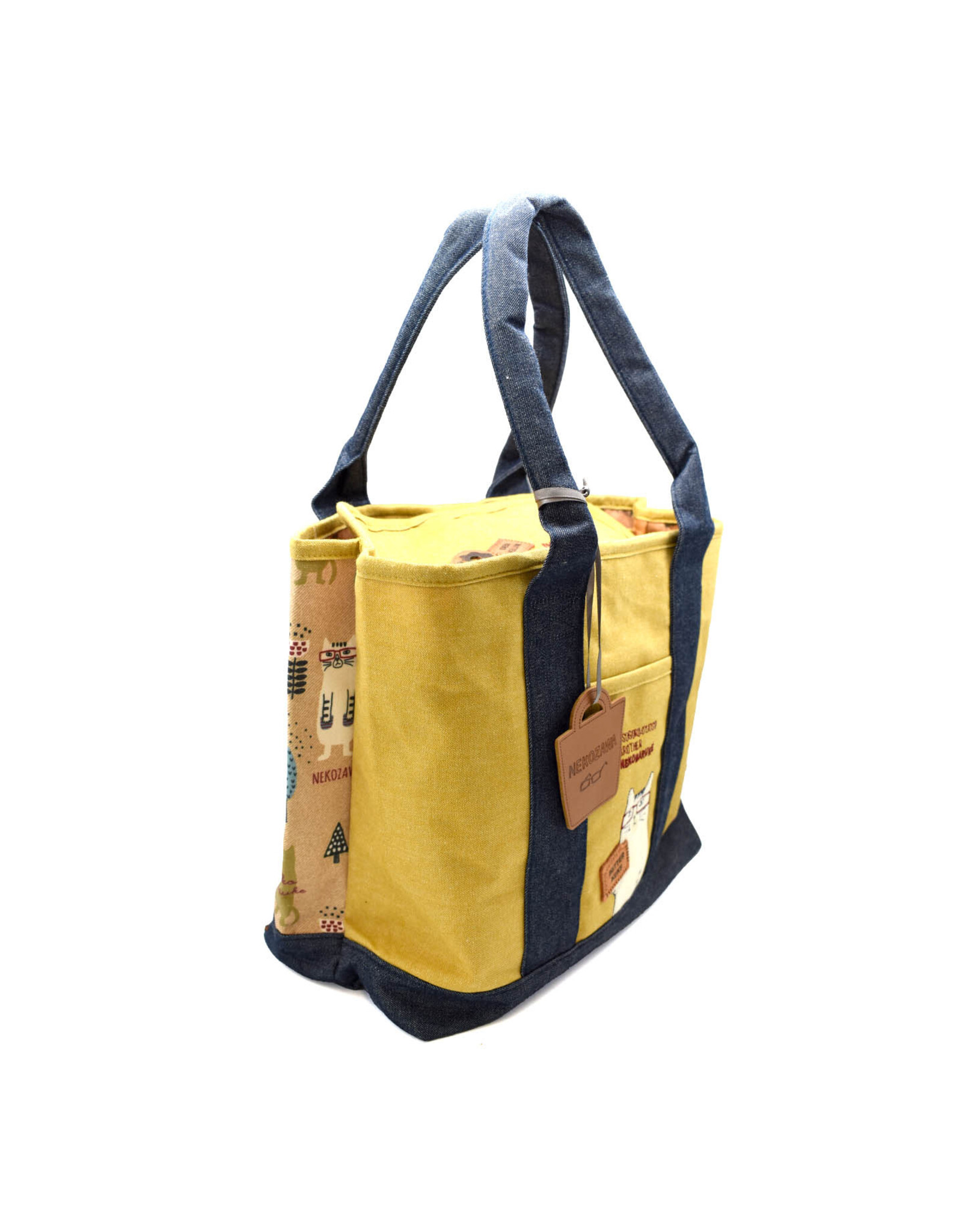 Great Zakka Kusuguru Glasses Cat Embroidered Multi-Compartment Tote Bag - Yellow