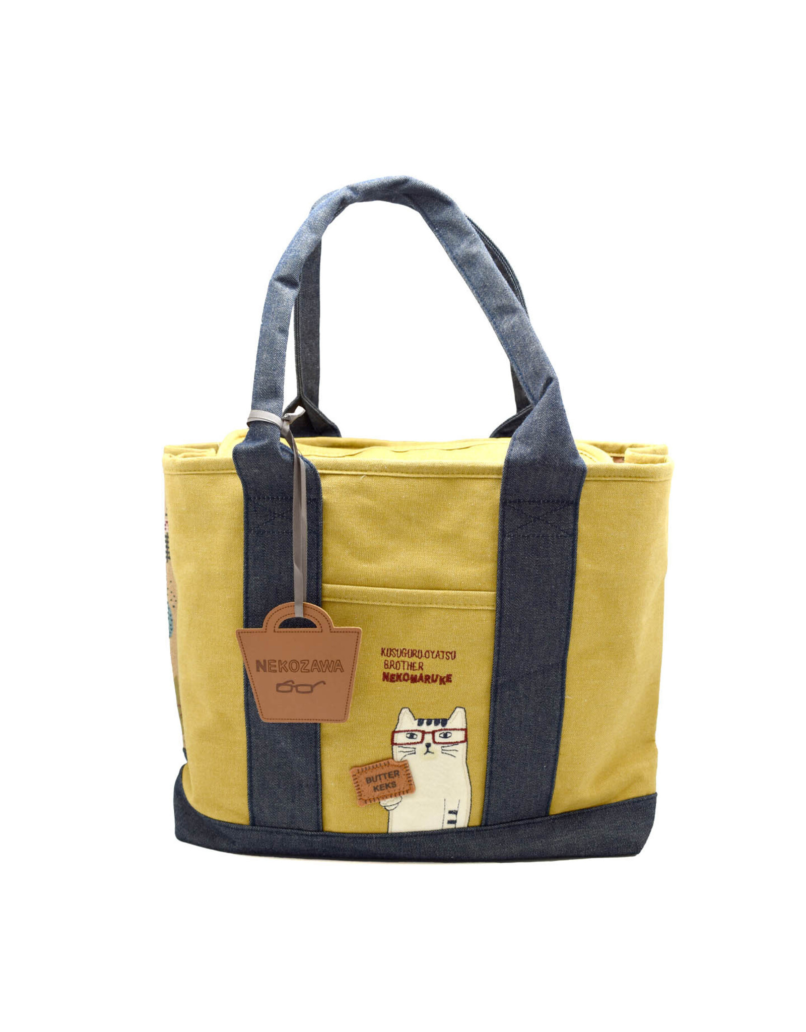 Great Zakka Kusuguru Glasses Cat Embroidered Multi-Compartment Tote Bag - Yellow