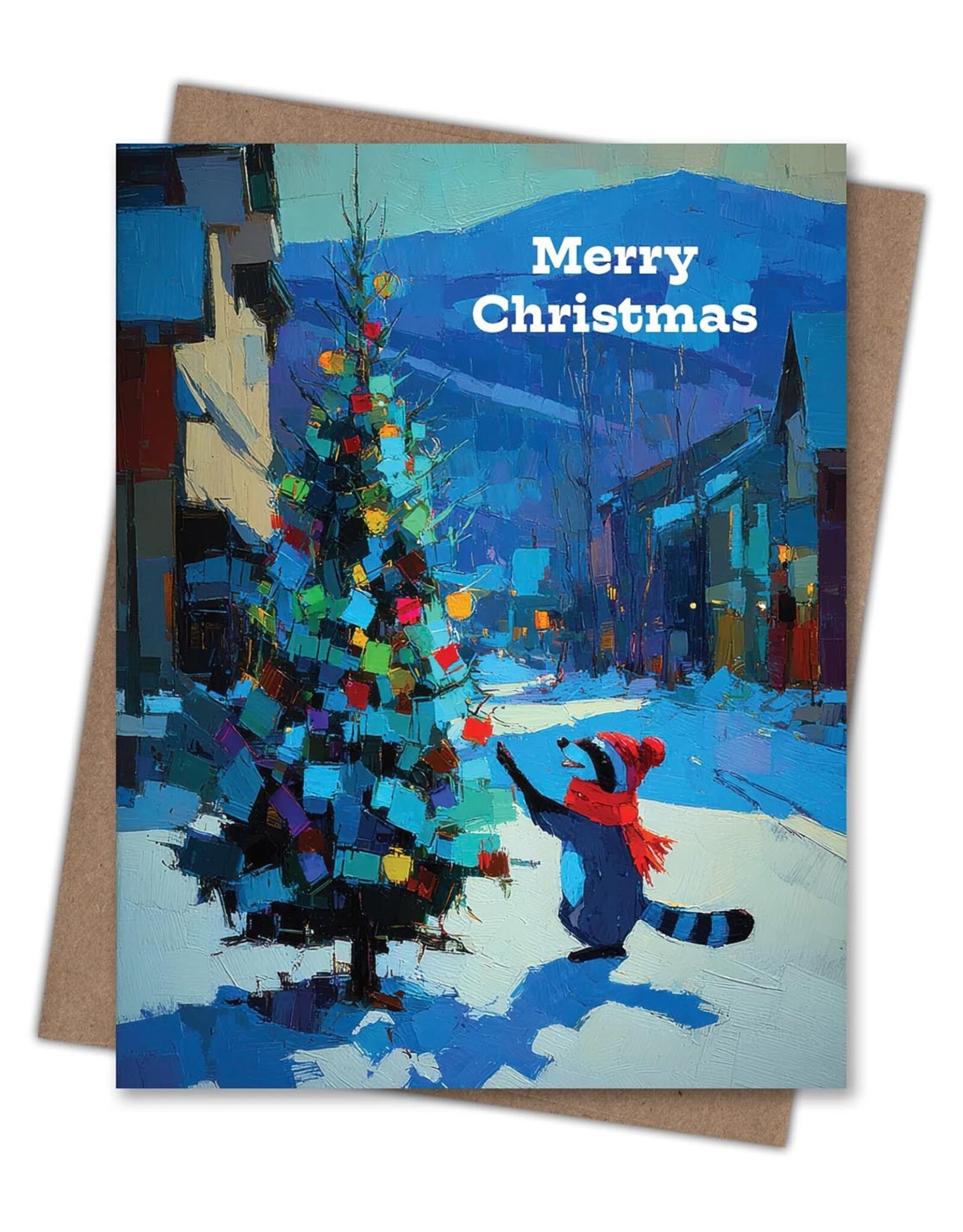 Raccoon on Main Street Merry Christmas Greeting Card