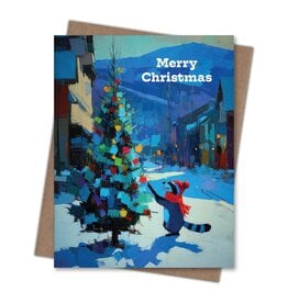 Raccoon on Main Street Merry Christmas Greeting Card