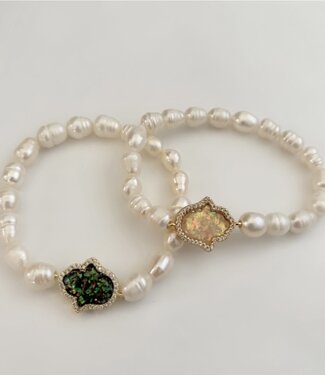 Freshwater Pearl w/ Opal Hamsa Bracelet