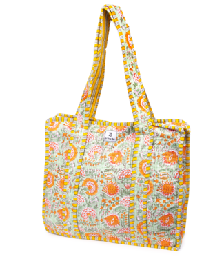 Le Brow Bar Quilted Tote Bag Green Orange Floral