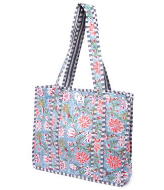 Le Brow Bar Quilted Tote Bag Blue Red Floral
