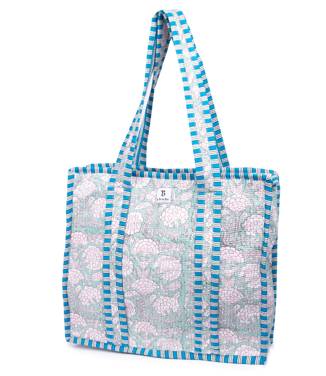 Le Brow Bar Quilted Tote Bag Blue Floral