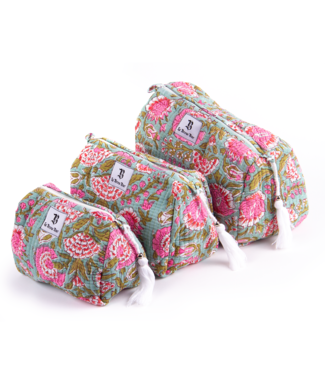 Le Brow Bar Quilted Makeup Bag -  Blue Pink Floral