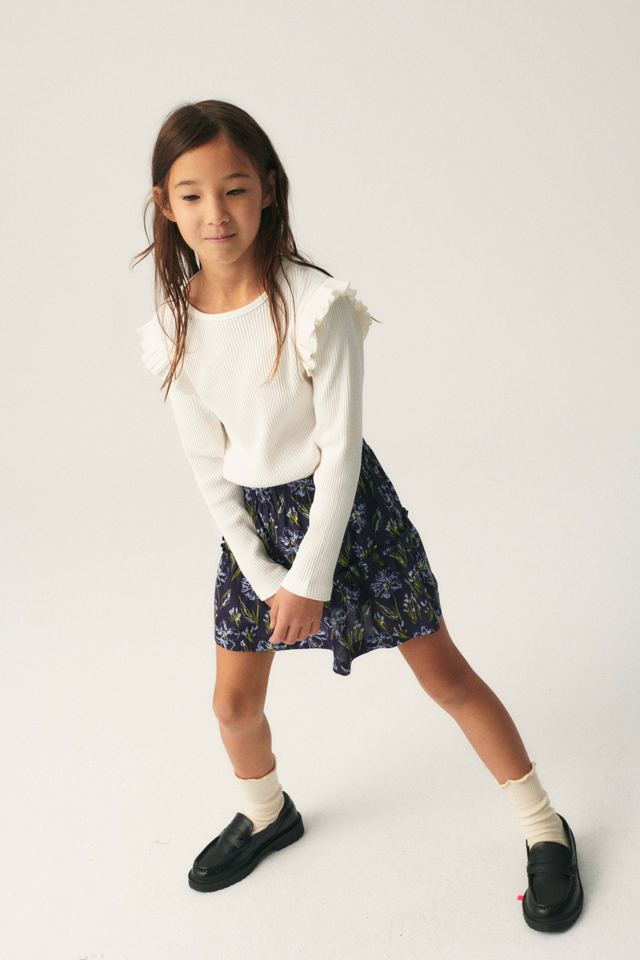 Compania Fantastica Girl L/S Ribbed Top w/Ruffle