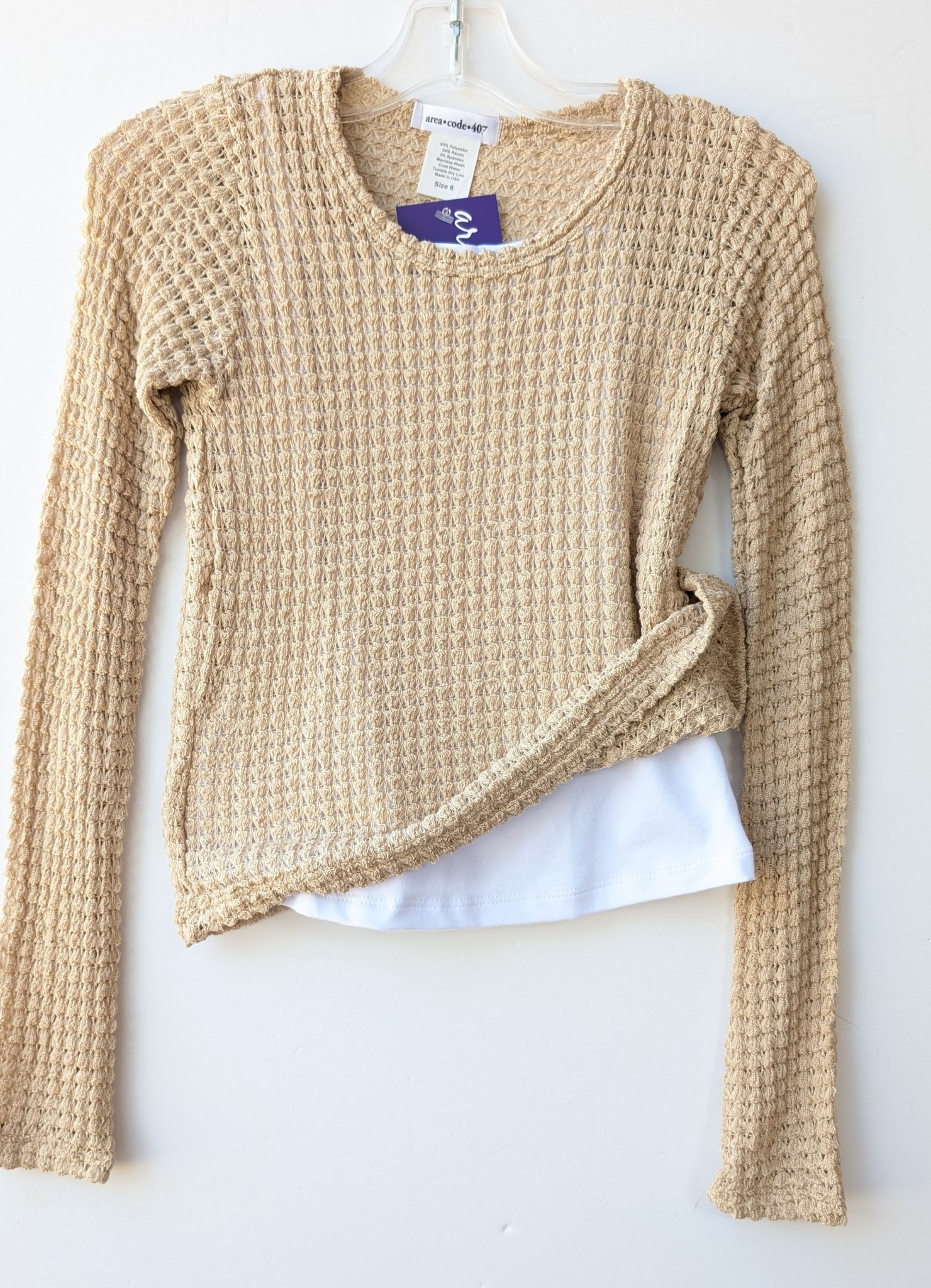 Area Code 407 Tween & Junior L/S Loose Weave Fashion Top