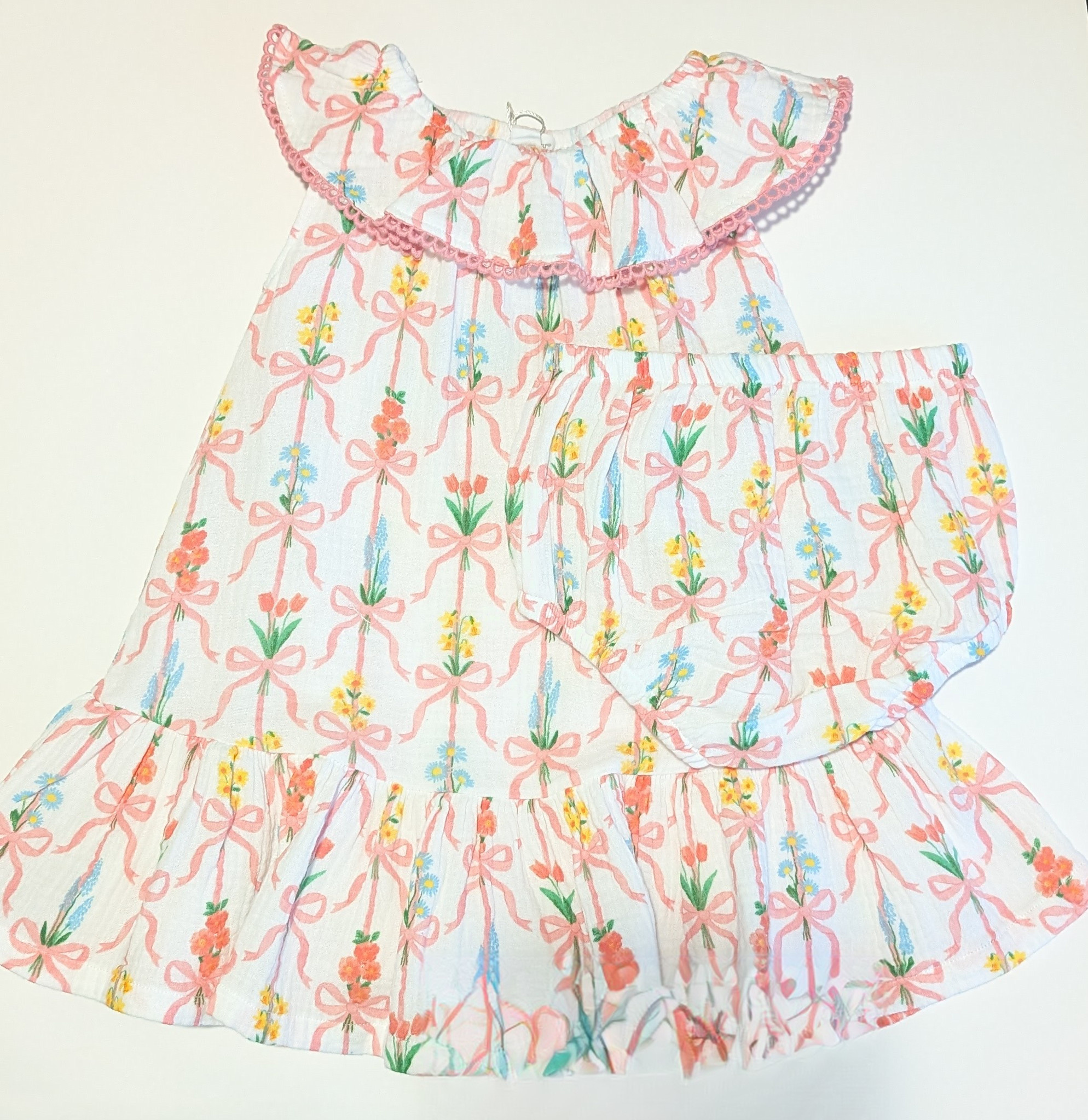 Angel Dear Ribbon Bouquets Circle Neck Ruffle Dress