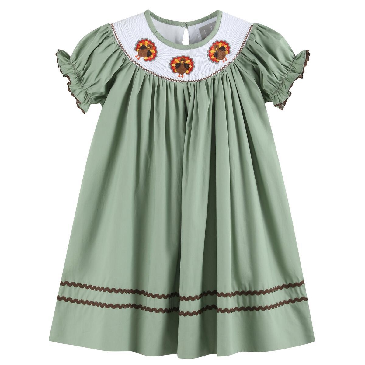 Lil Cactus Sage Green Turkey Smocked Bishop Dress