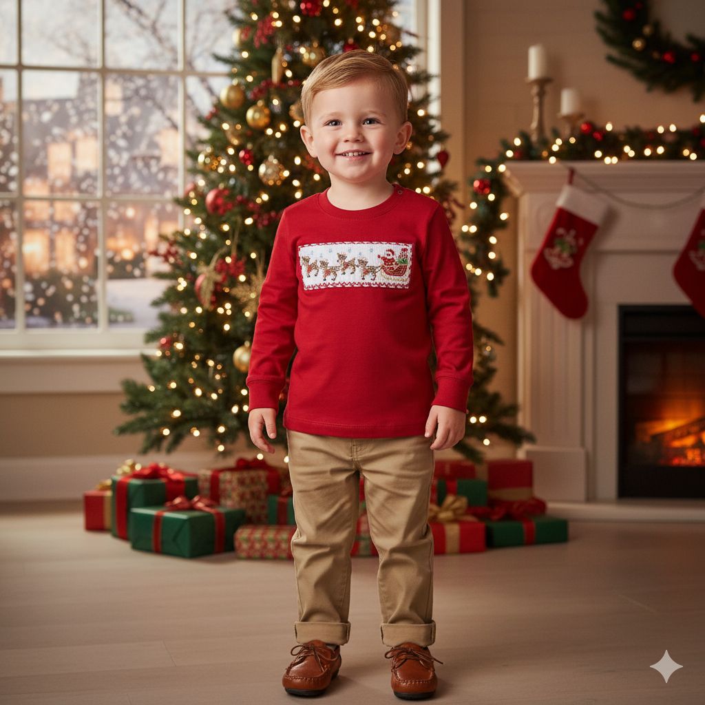 Whimsy Bay Kids Santa's Sleigh Smocked Long Sleeve Shirt