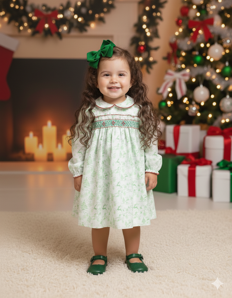 Baby Blessings Christmas S/S Smocked Toile Print Dress