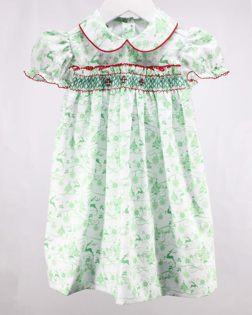 Baby Blessings Christmas S/S Smocked Toile Print Dress