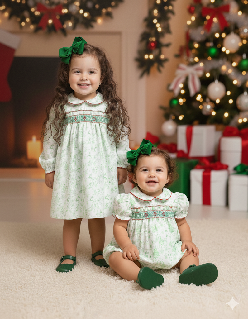 Baby Blessings Christmas S/S Smocked Toile Print Dress