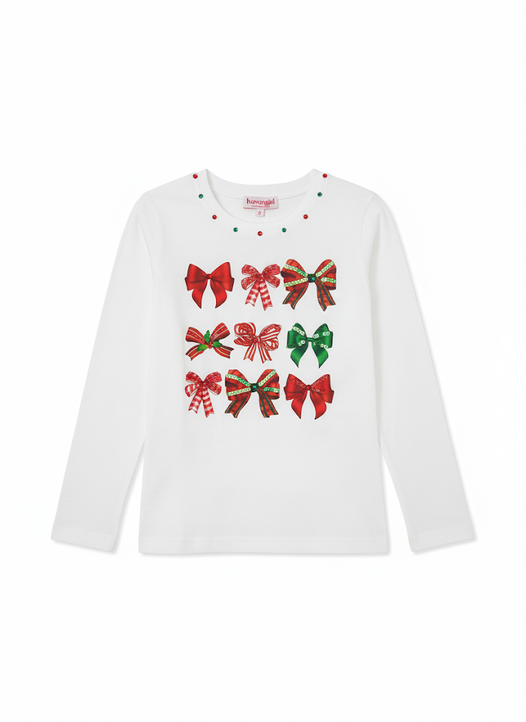 Haven Girl Holiday Girls Bow Sequin L/S Tee
