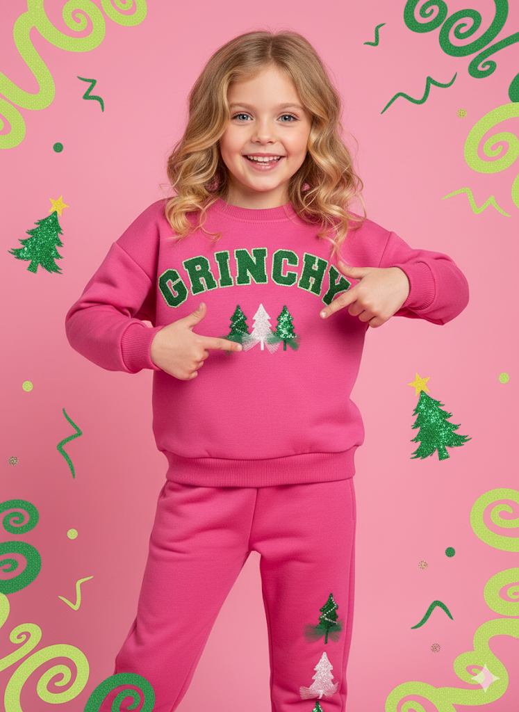 Haven Girl Holiday Girl "Grinchy" Sweatshirt/Jogger Set