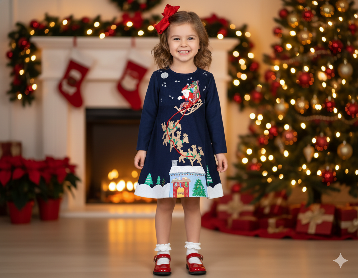 Cotton Kids Santa & Sleigh Corduroy L/S Dress
