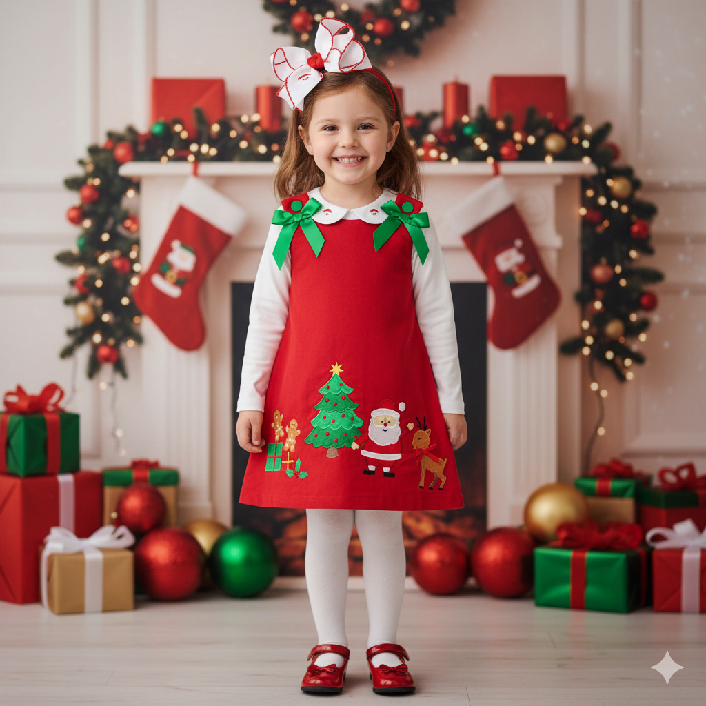 Lil Cactus Santa Corduroy Applique Bow Dress