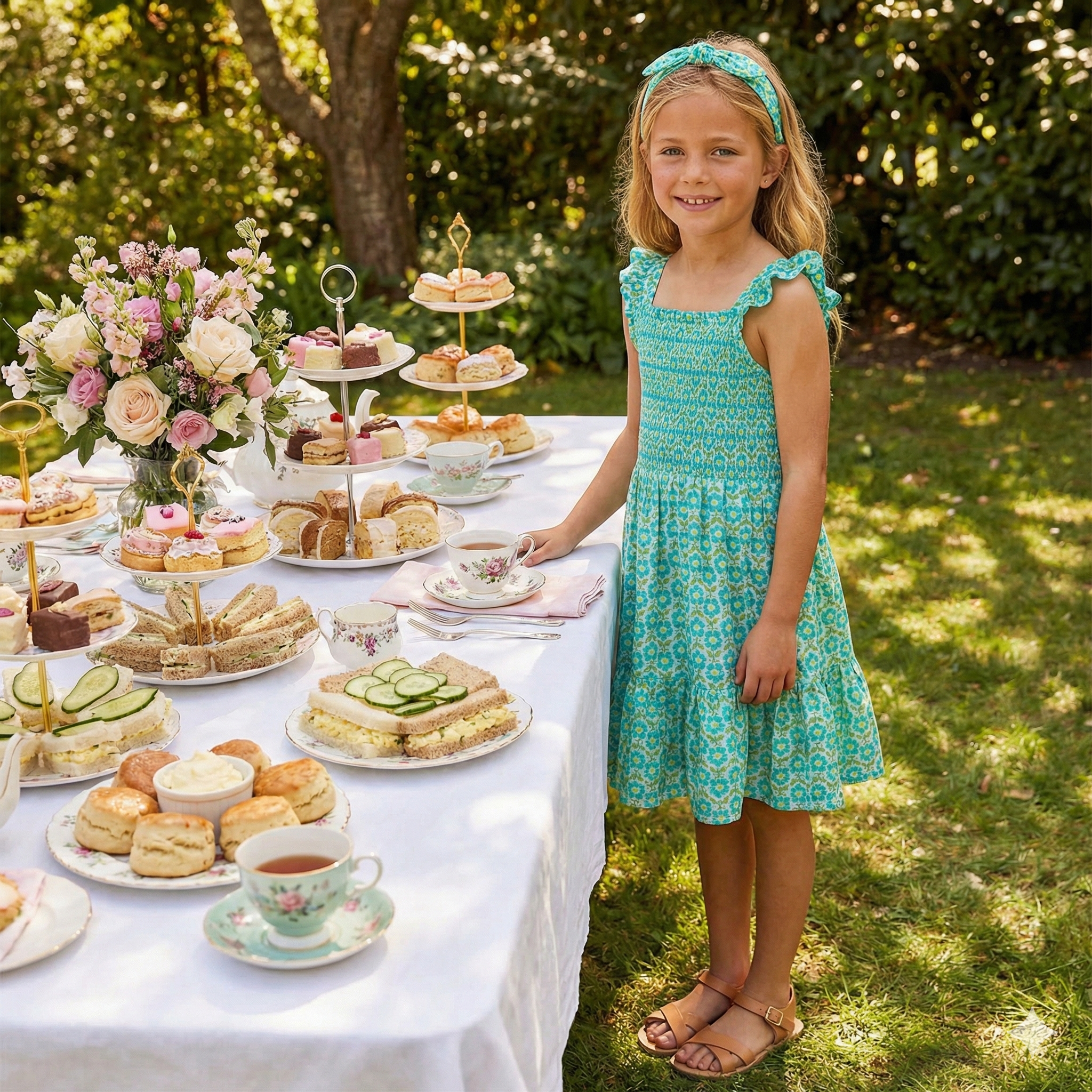 Mayoral Shoulder Strap Smocked  Print Dress w/Headband