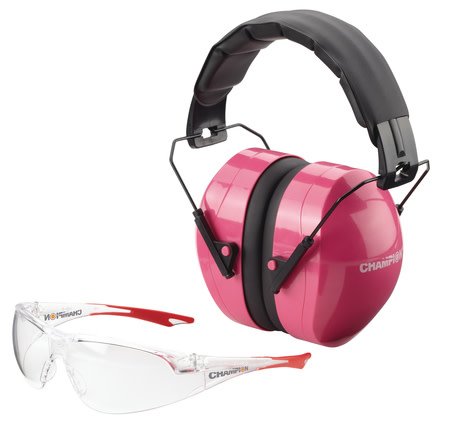 champion CHP Eyes And Ears Combination Package Of Pink Passive Muffs And Ballistic Rated Clear Lens Shooting Glasses