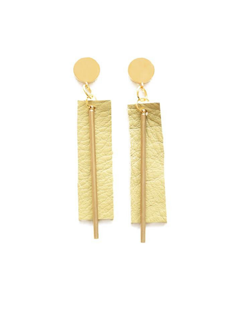 Leather and Brass Rectangle Earrings in Citron