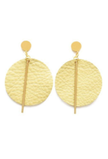 Leather and Brass Circle Earrings in Citron