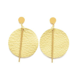 Leather and Brass Circle Earrings in Citron