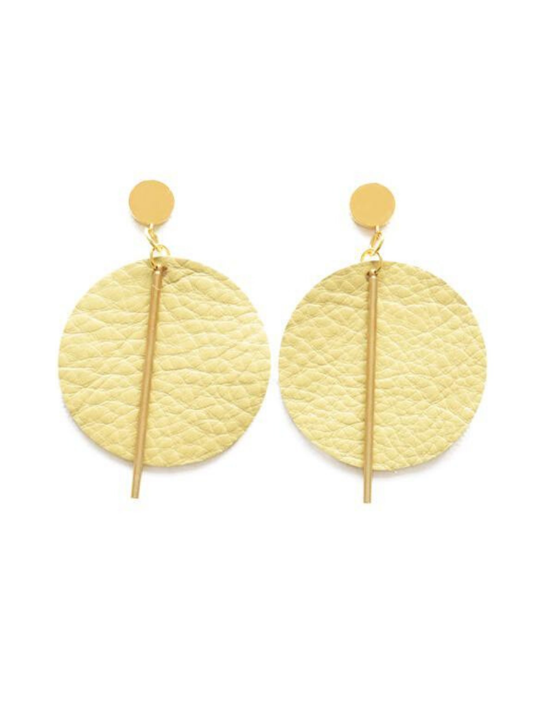 Leather and Brass Circle Earrings in Citron