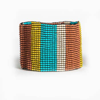 Ivory Citron Rust with Turquoise Stripe Stretch Seed Bead Bracelet