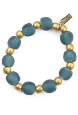 Teal Recycled Glass and Brass Bead Stretch  Bracelet