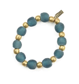 Teal Recycled Glass and Brass Bead Stretch  Bracelet