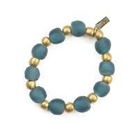Teal Recycled Glass and Brass Bead Stretch  Bracelet