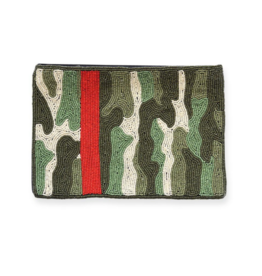 Green Camo with Red Stripe Beaded Clutch