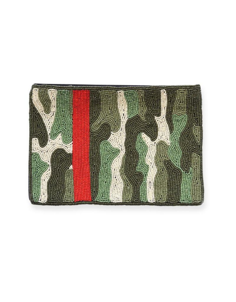 Green Camo with Red Stripe Beaded Clutch