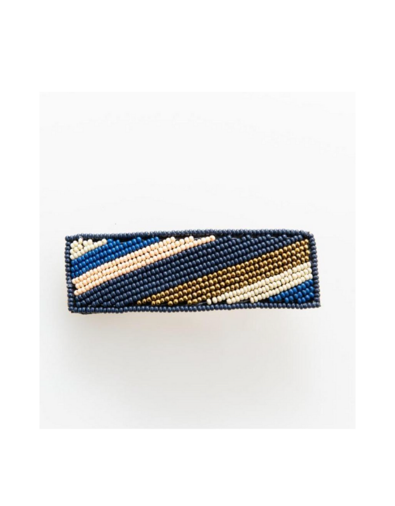 Navy, Pink, Lapis and Gold Diagonal Stripe Beaded Barrette
