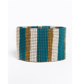 Peacock and Ivory Gold Stripe Stretch Bracelet