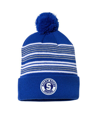 SALEM GIRLS 26: 12" Striped Pom-Pom Cuffed Beanie (ROYAL/WHITE/GRAY)