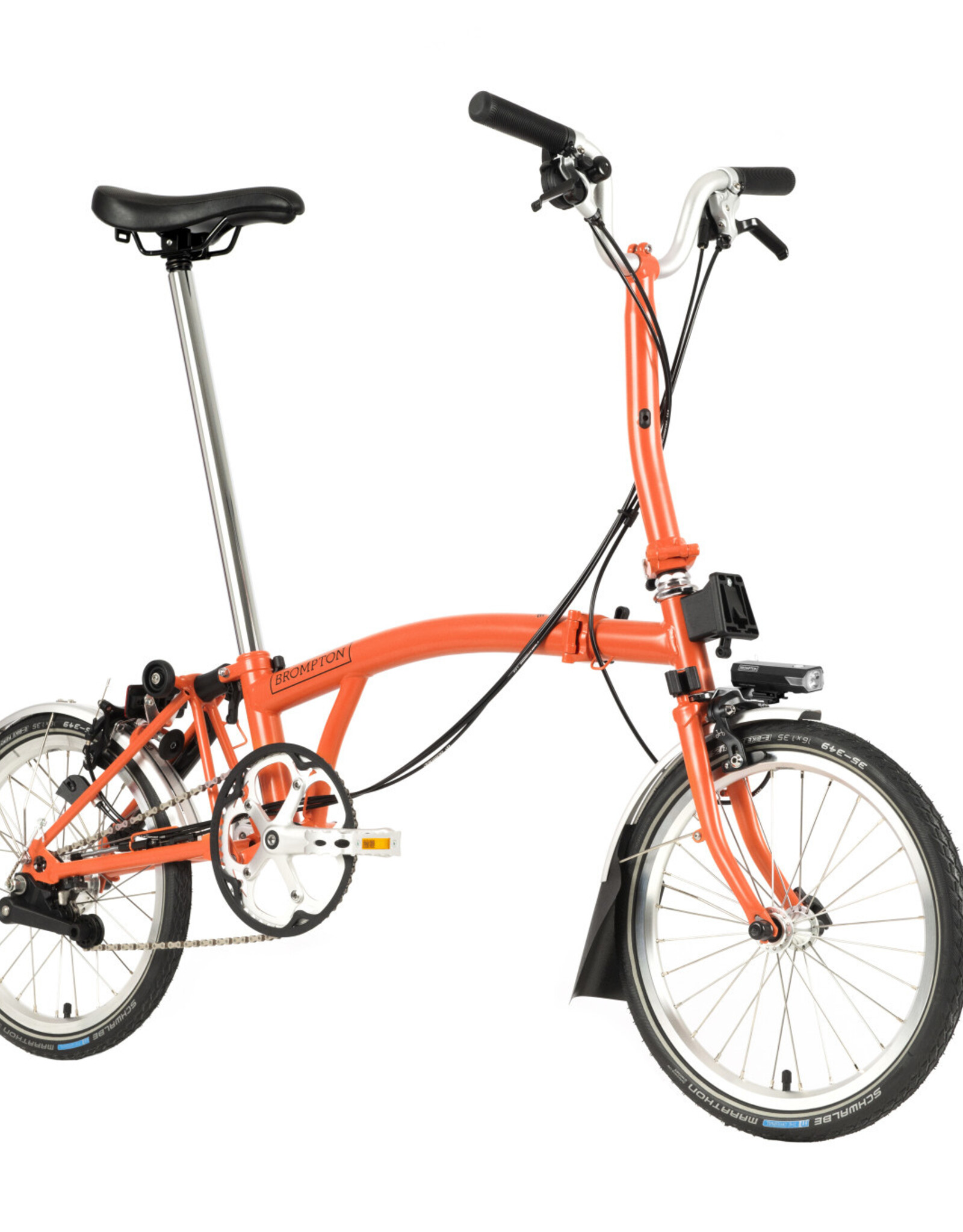 Brompton Brompton - Bike - C Line Explore 6-speed, Mid-rise HB, Battery Lighting, Extended Seatpost, Brooks Swallow Saddle (Brown), Planet Bike Duracork Grips, Fire Coral