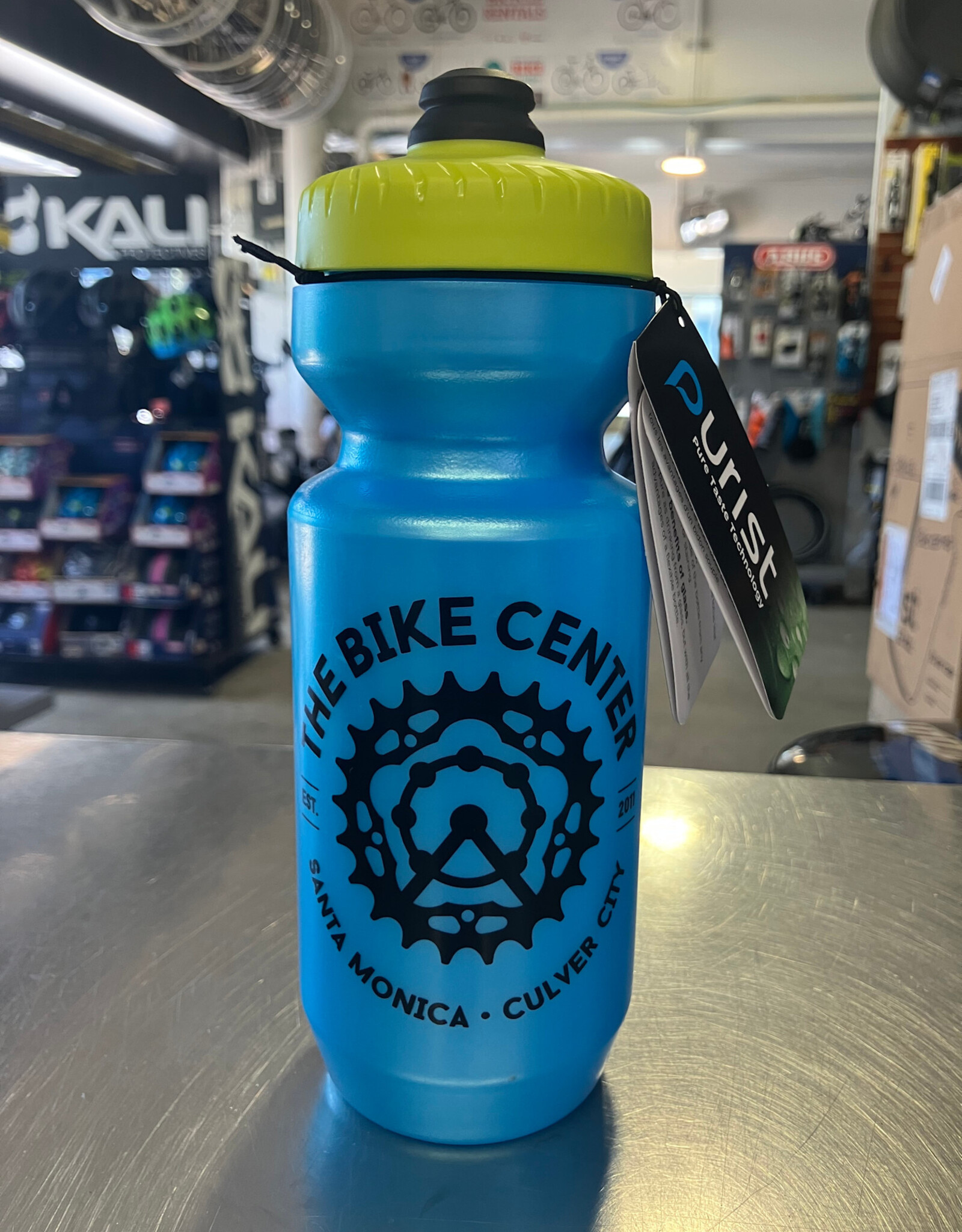 Bike Center Water Bottle, Blue w/Yellow top