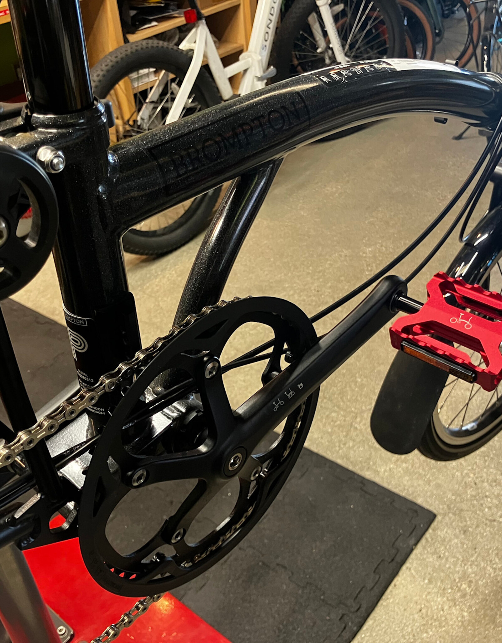 Brompton Brompton - Bike - P Line Urban S4L-X, TiBK, S Handlebar, Std SP, (Red) Forged Carrier Block & Superlight QR Pedals, Midnight Black Metallic