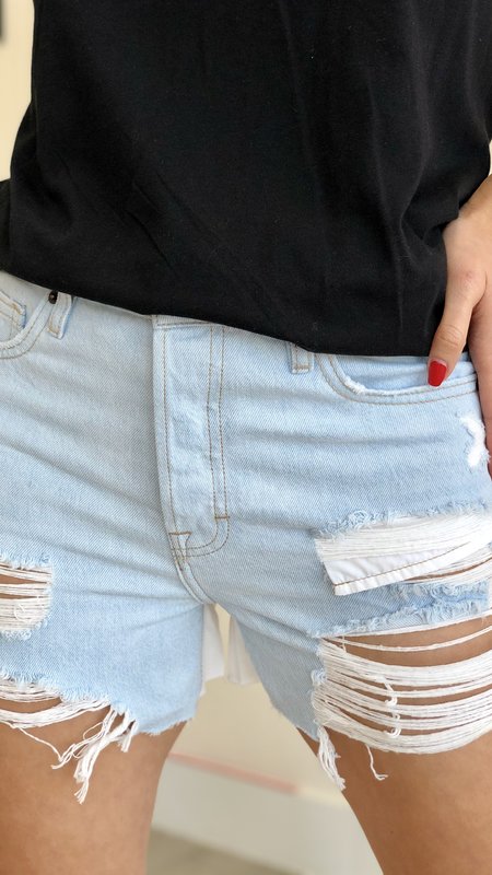 Adhela Mid Rise Color Contrast  Ripped Jean Shorts