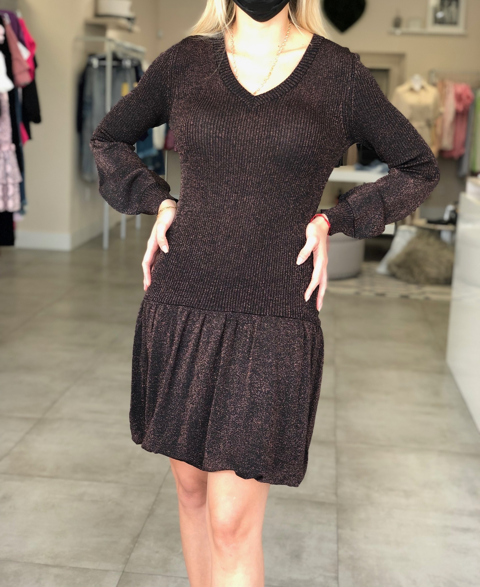 Norah Metallic V Neck Sweater Dress - Mix & Match Miami