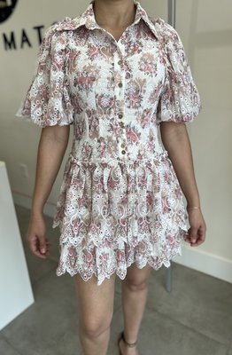 Amanda Button Down Bubble Sleeve Eyelet Dress