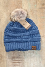Cozy Knit Solid Winter Hat w/Fur Pom